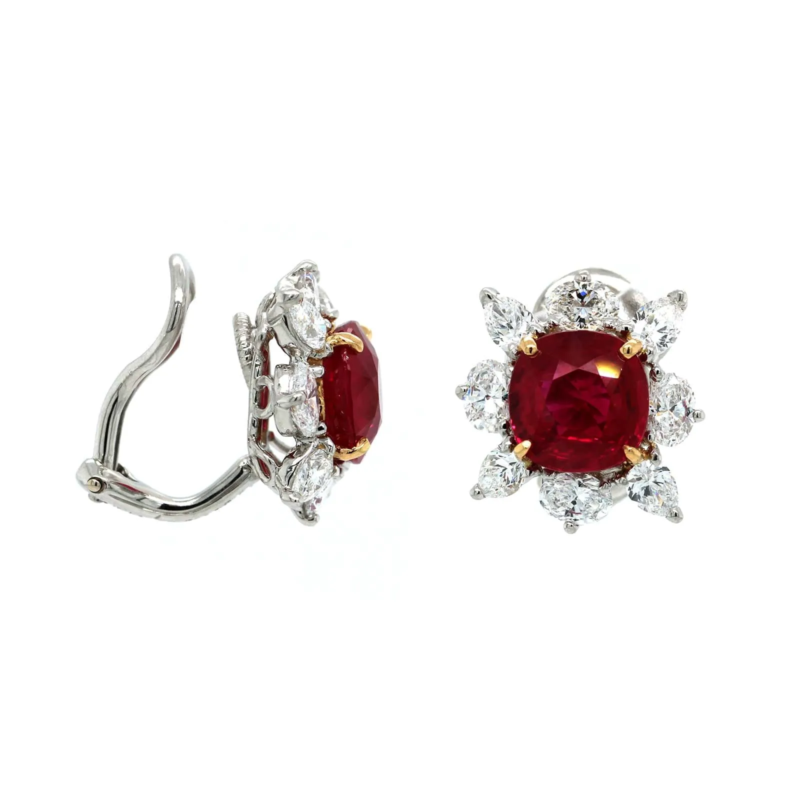 18K Yellow Gold & Platinum Vivid Red Ruby Diamond Halo Stud Earrings