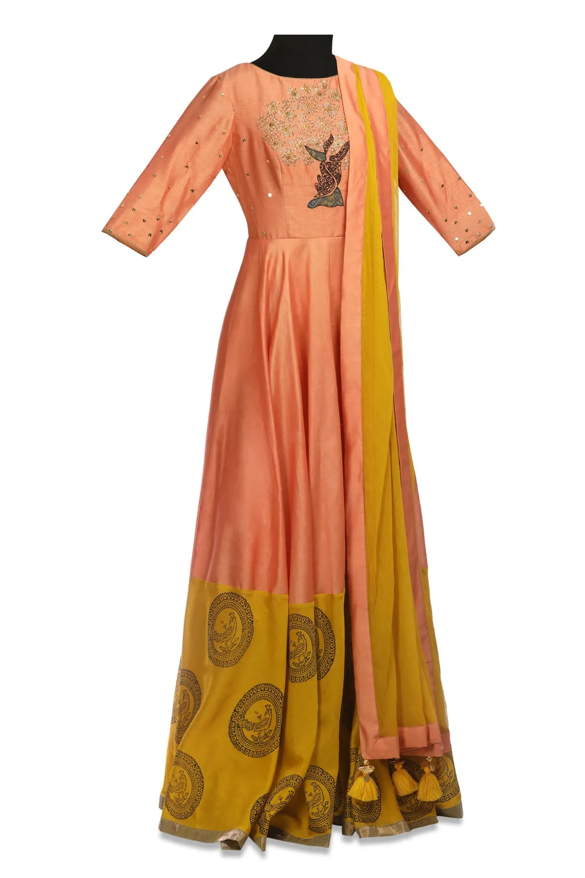 50Z163-RO Peach and Yellow Embroidered Chanderi Anarkali with Dupatta