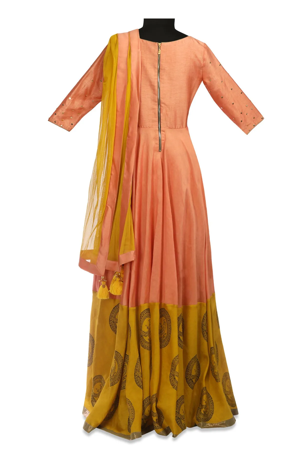 50Z163-RO Peach and Yellow Embroidered Chanderi Anarkali with Dupatta