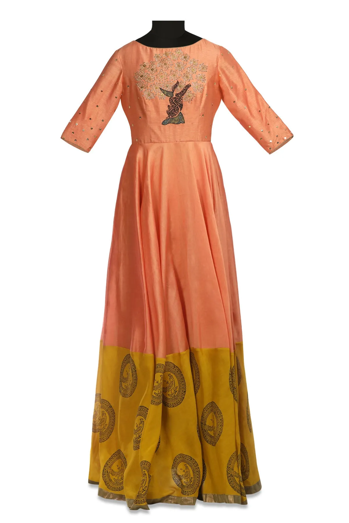 50Z163-RO Peach and Yellow Embroidered Chanderi Anarkali with Dupatta