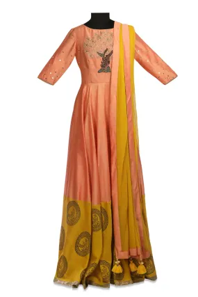 50Z163-RO Peach and Yellow Embroidered Chanderi Anarkali with Dupatta