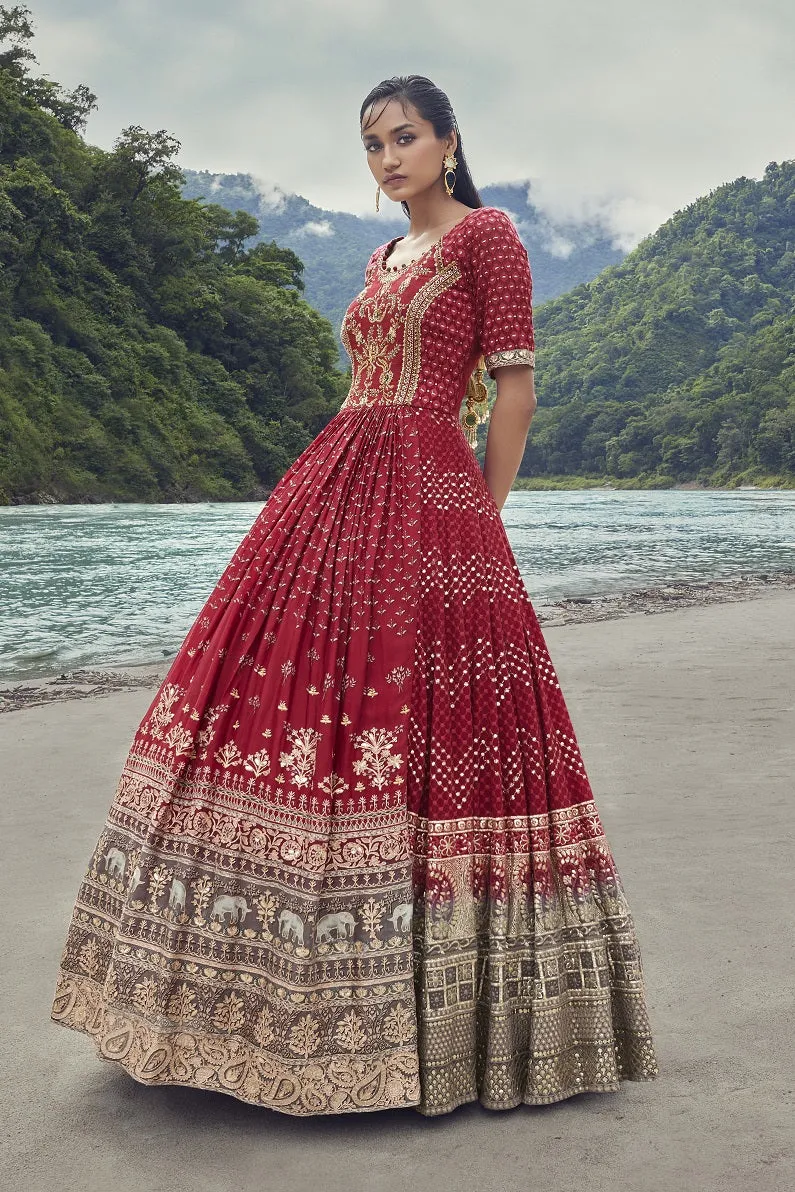 50Z846-RO Red Embroidered Georgette Gown