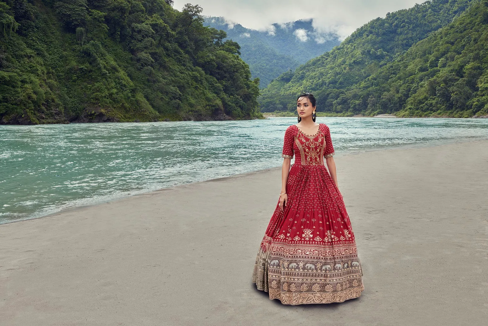 50Z846-RO Red Embroidered Georgette Gown