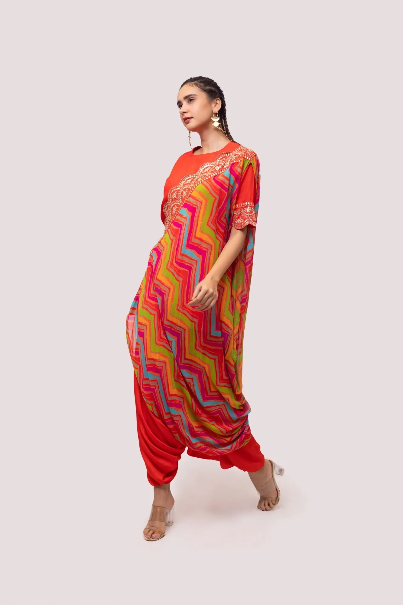 50Z960-RO Red Silk Dhoti Suit with Multicolor Toga