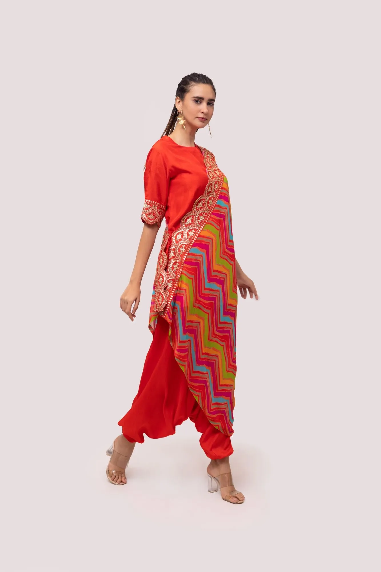 50Z960-RO Red Silk Dhoti Suit with Multicolor Toga