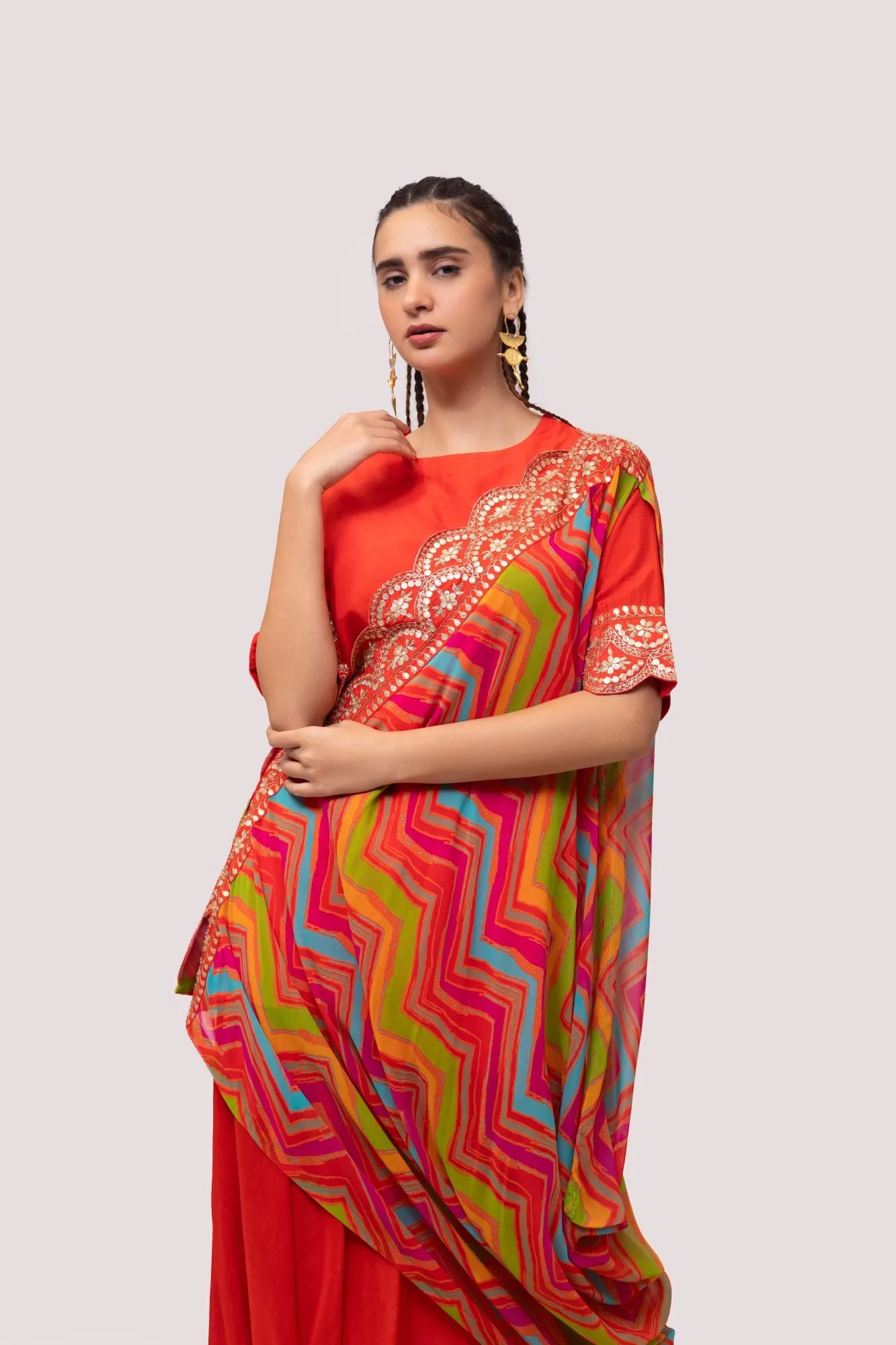 50Z960-RO Red Silk Dhoti Suit with Multicolor Toga