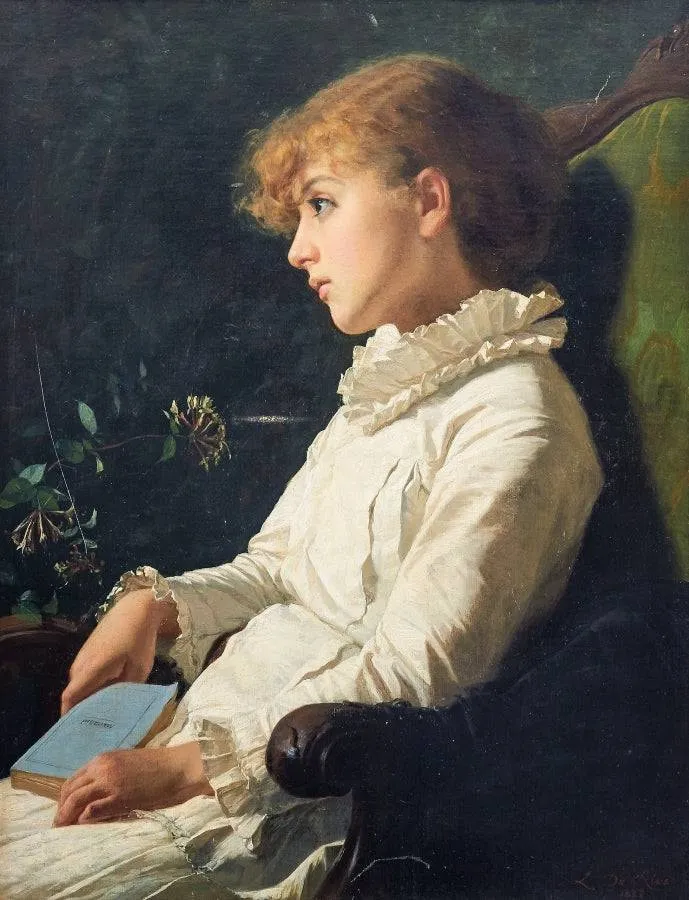 A daydreaming girl with a book by Manzoni in her lap