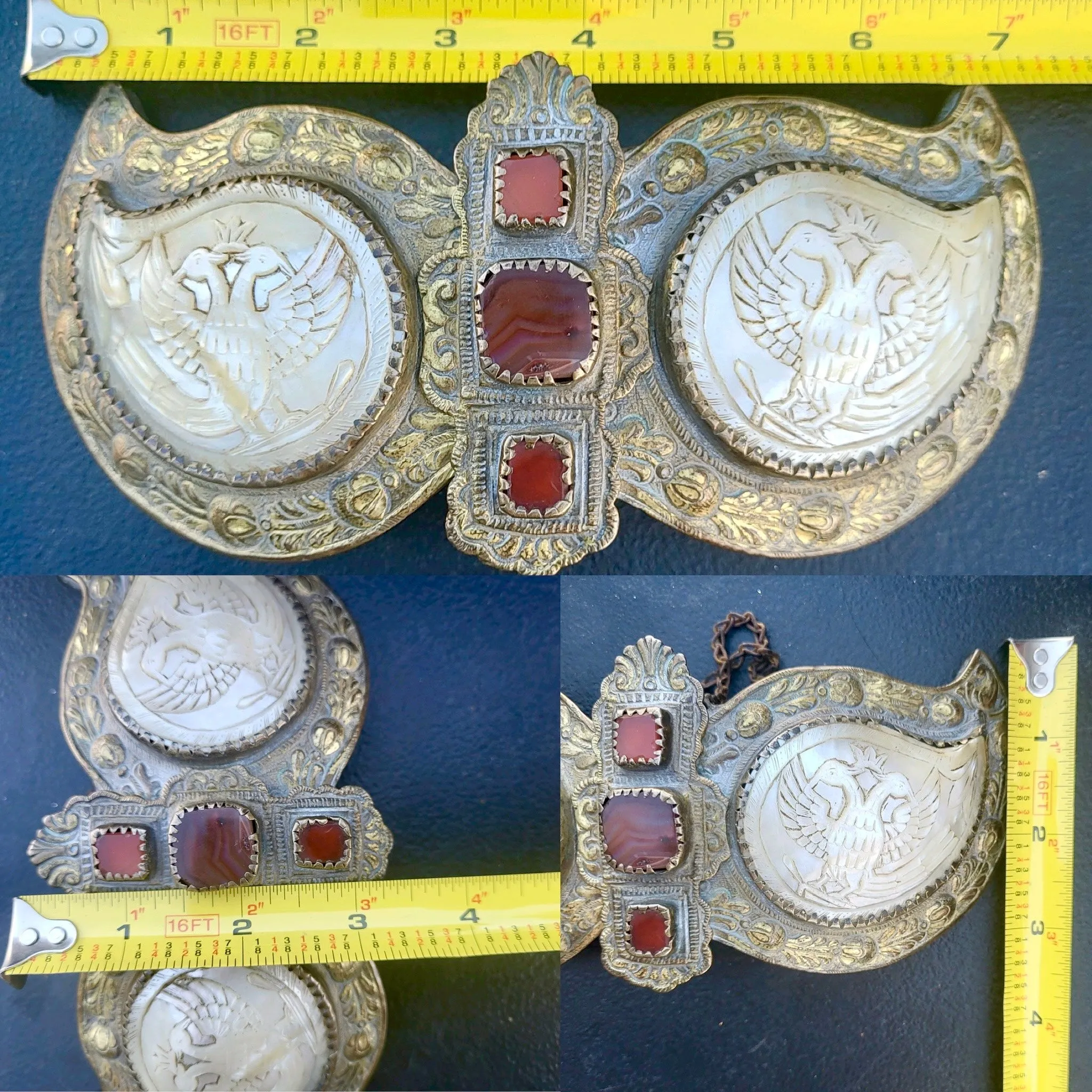 Antique 1800s Tribal Jewelry Bulgarian Red Stone Mother of Pearl Belt Buckle