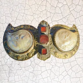 Antique 1800s Tribal Jewelry Bulgarian Red Stone Mother of Pearl Belt Buckle