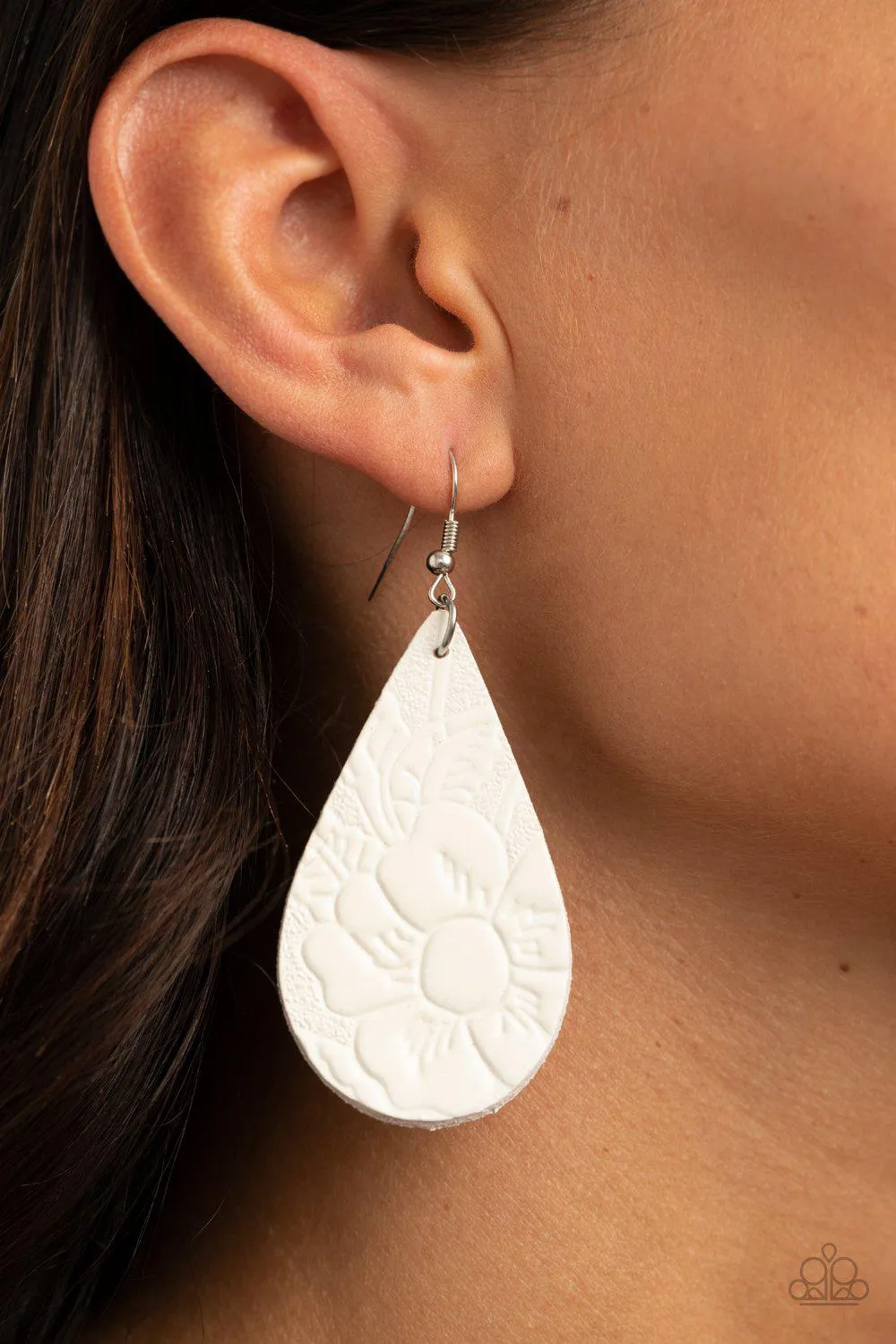 Beach Garden White Leather Teardrop Earrings - Paparazzi Accessories