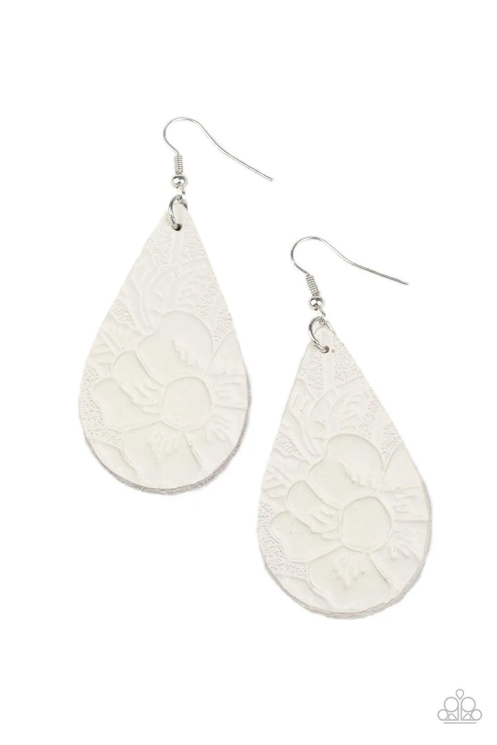 Beach Garden White Leather Teardrop Earrings - Paparazzi Accessories