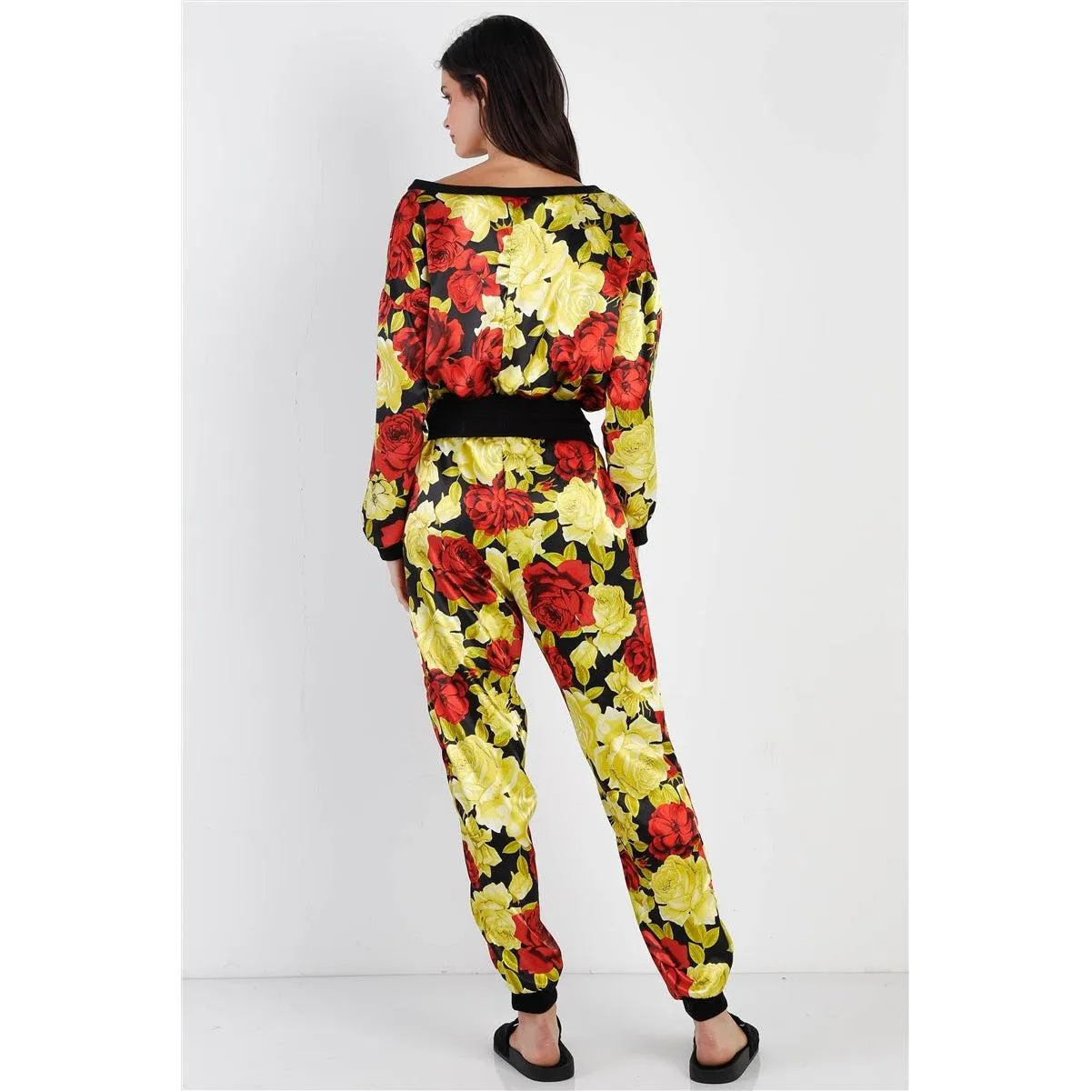 Black & Satin Effect Red & Lime Floral Print V-neck Top & Pants Set