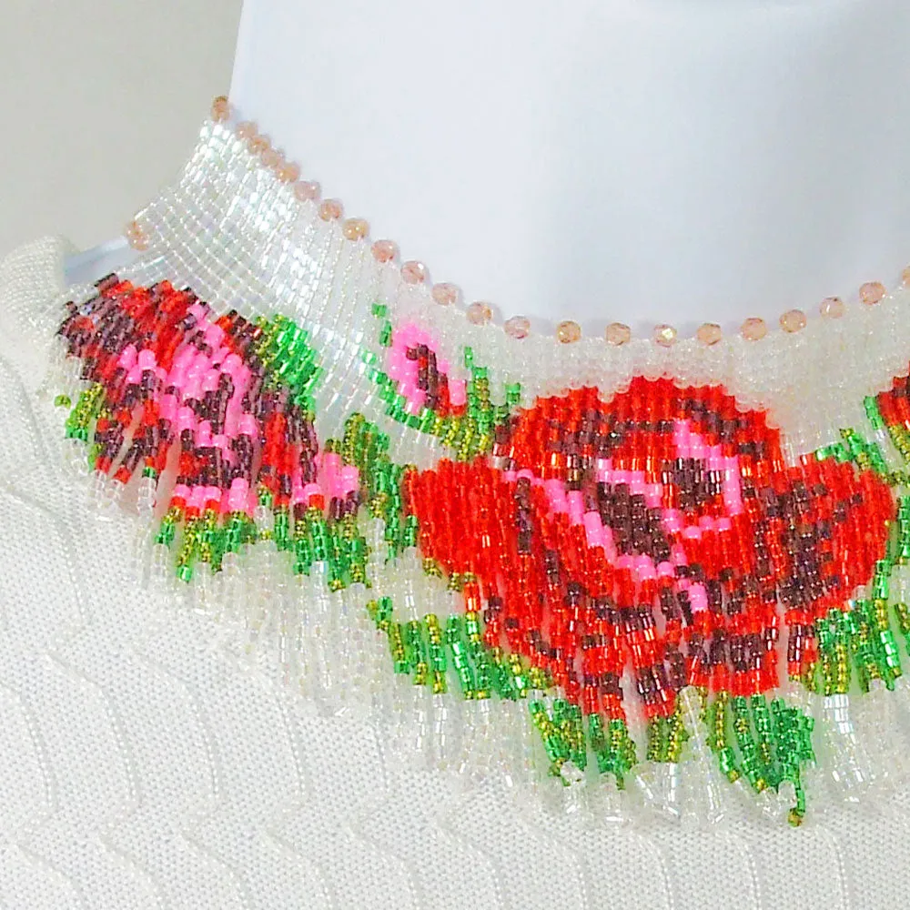 Cambria, Red Rose Pattern, Beaded Choker, Necklace