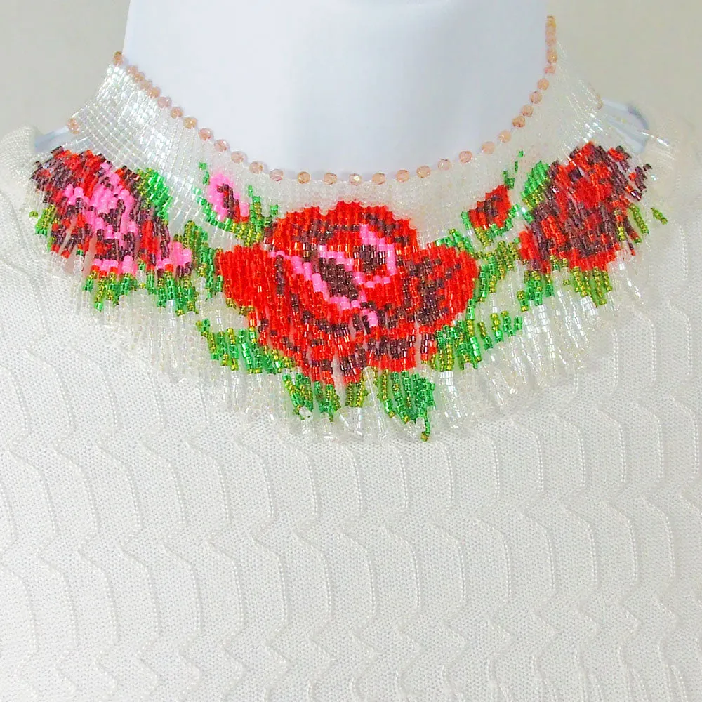 Cambria, Red Rose Pattern, Beaded Choker, Necklace