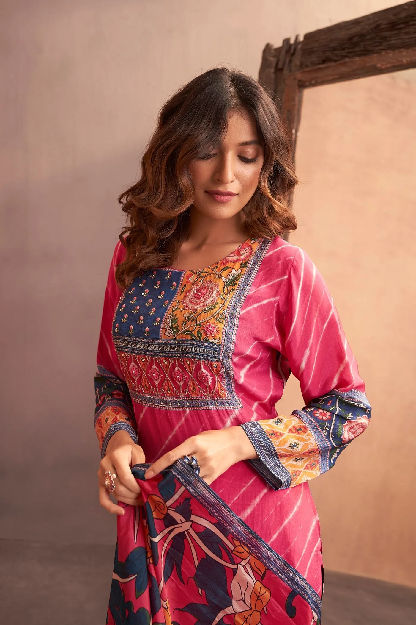 Cerise Pink Leheria Printed Embellished Kurta Set