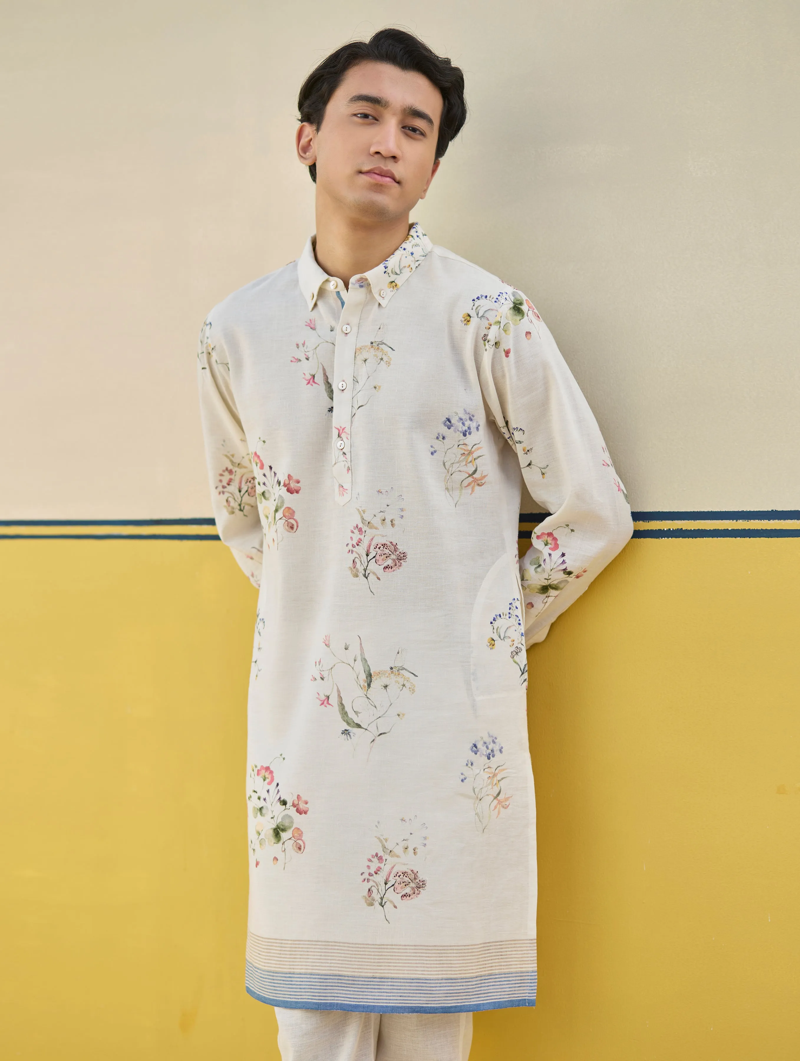 Ciro Watercolour Floral Kurta - Ivory