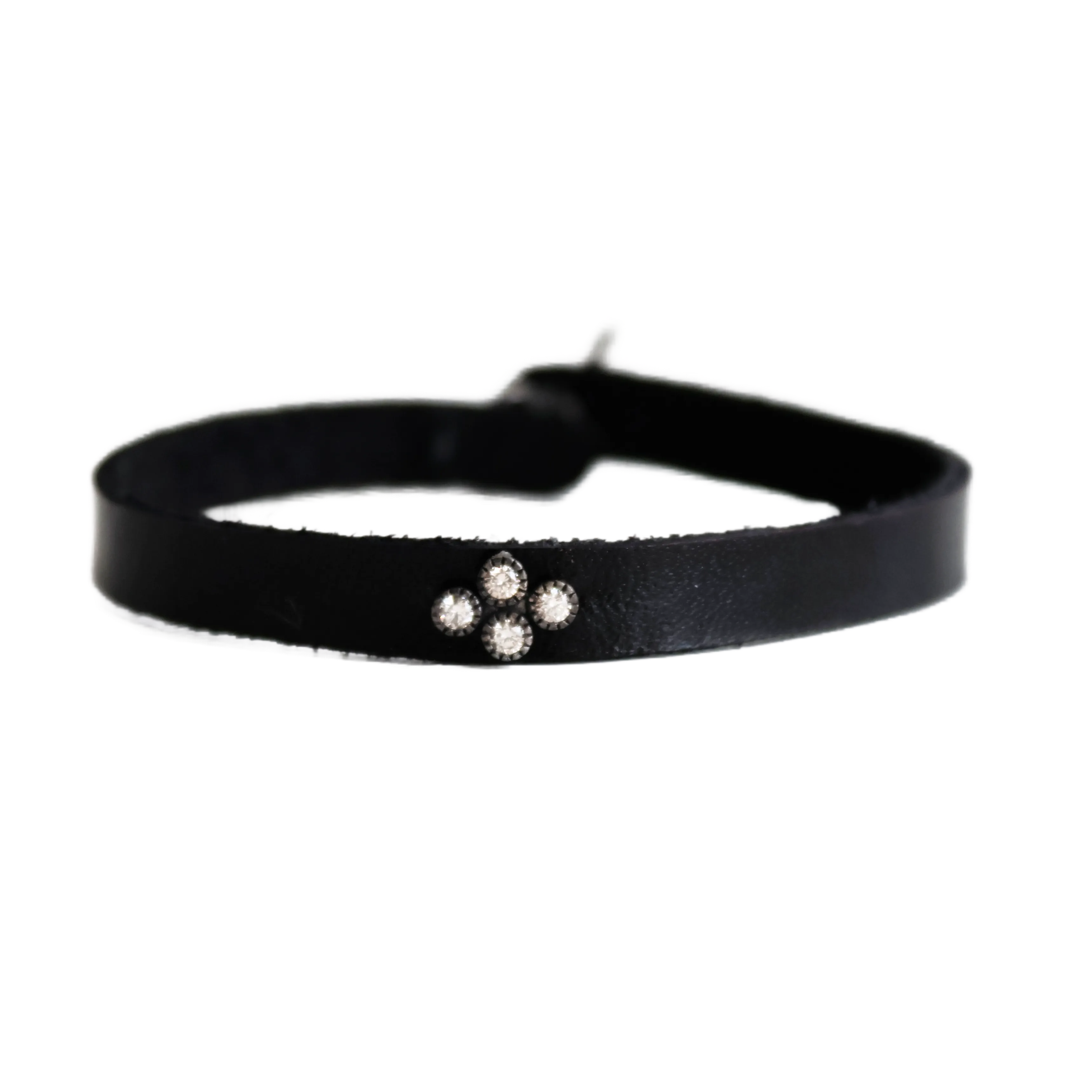 Diamond Silver Cross Black Leather Bracelet