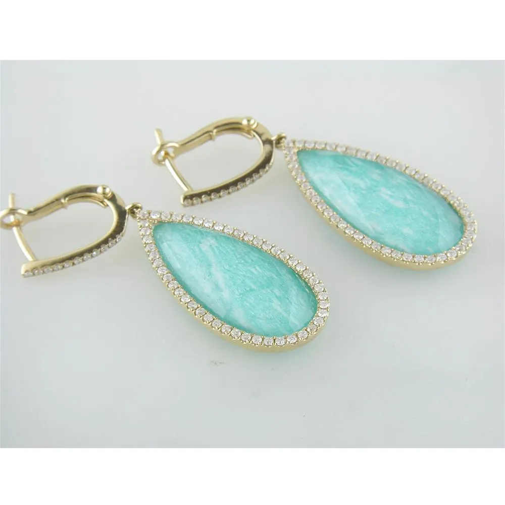 Doves White Topaz Amazonite Pear Shape Doublet Drop Diamond Halo Earrings