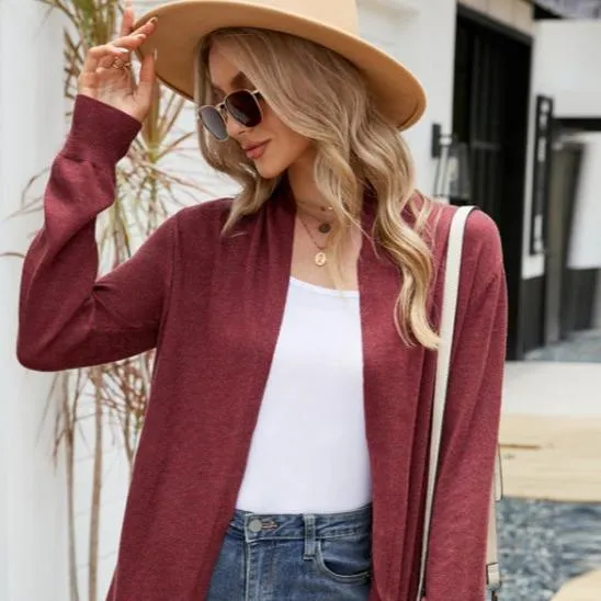 Elegant Women's Mid-Length Knitted Cardigan with Loose Fit and Lapel Collar