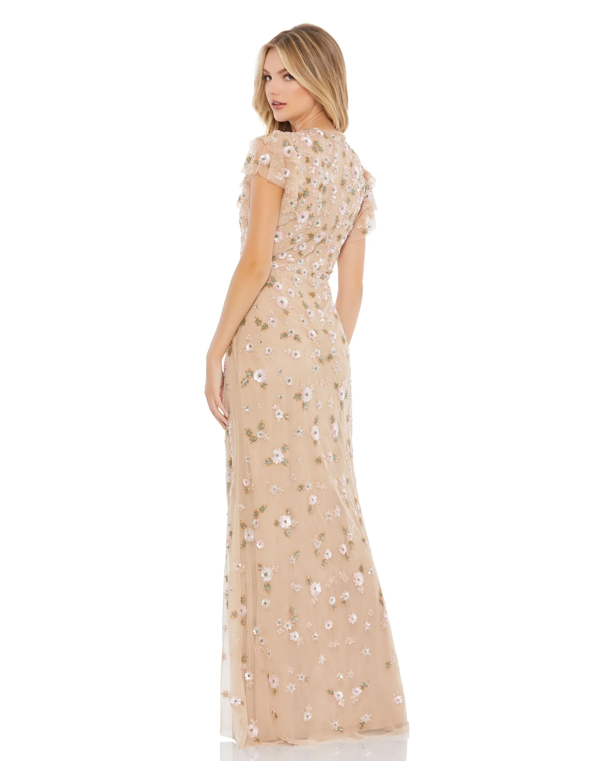 Embellished High Neck Flutter Sleeve Gown