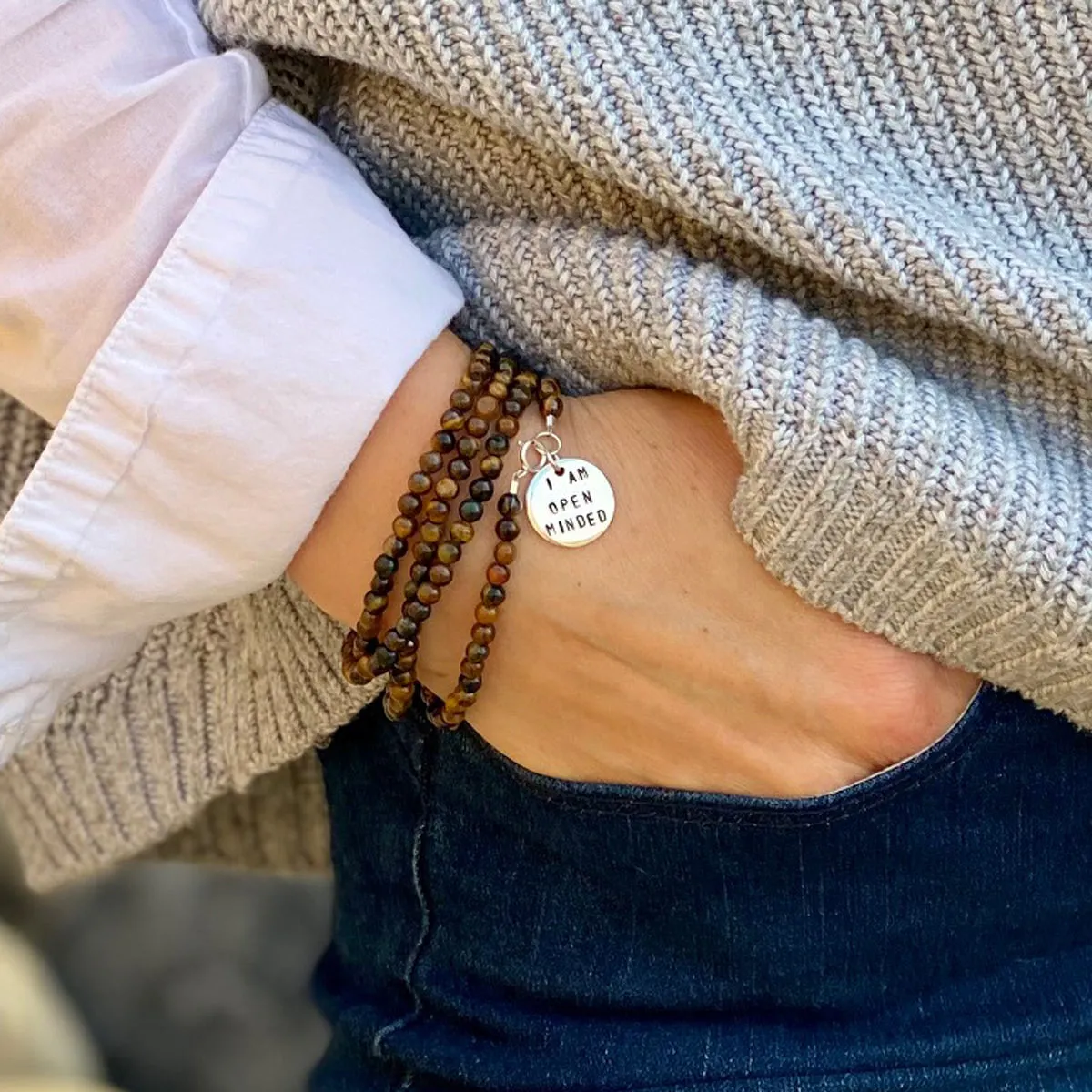 I am Open Minded Affirmation Wrap Bracelet with Tiger Eye to See Both Sides of an Argument