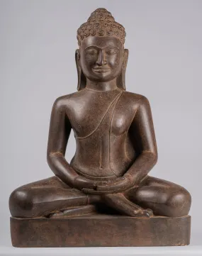 Large Buddha Statue - Antique Khmer Style Seated Stone Phnom Da Meditation Buddha Statue - 56cm/22