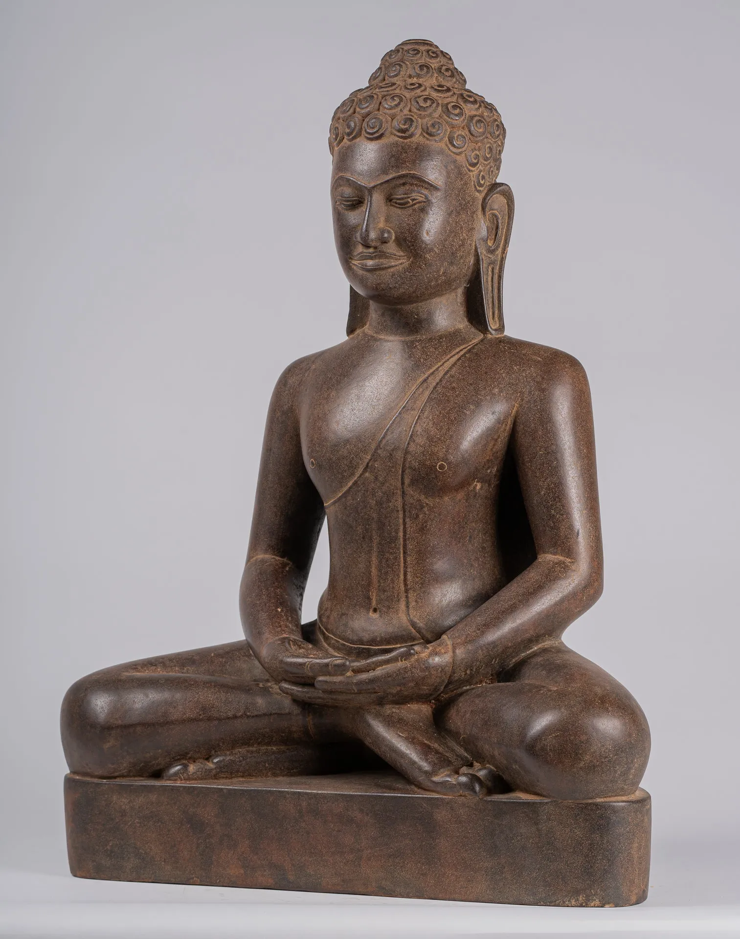 Large Buddha Statue - Antique Khmer Style Seated Stone Phnom Da Meditation Buddha Statue - 56cm/22