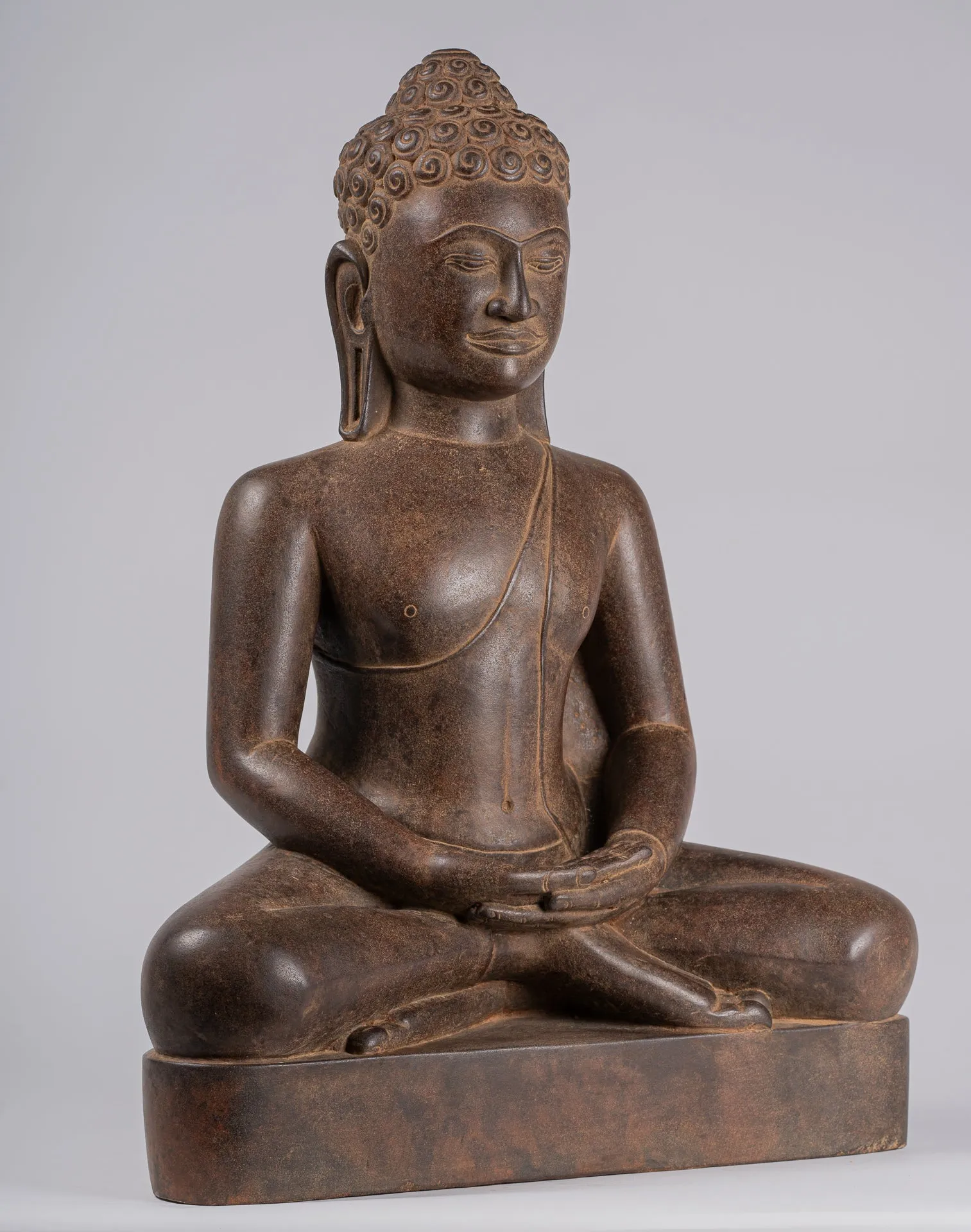 Large Buddha Statue - Antique Khmer Style Seated Stone Phnom Da Meditation Buddha Statue - 56cm/22