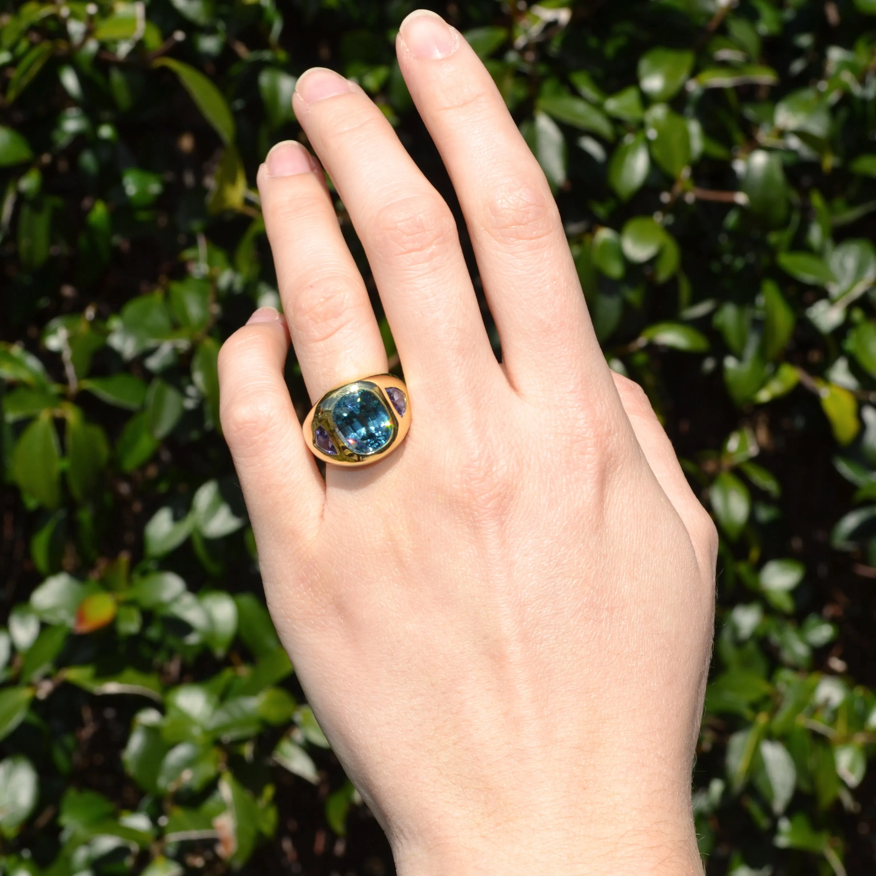 Lauren K - Gypsy Ring with Natural Blue Zircon and Tanzanite, 18k Yellow Gold