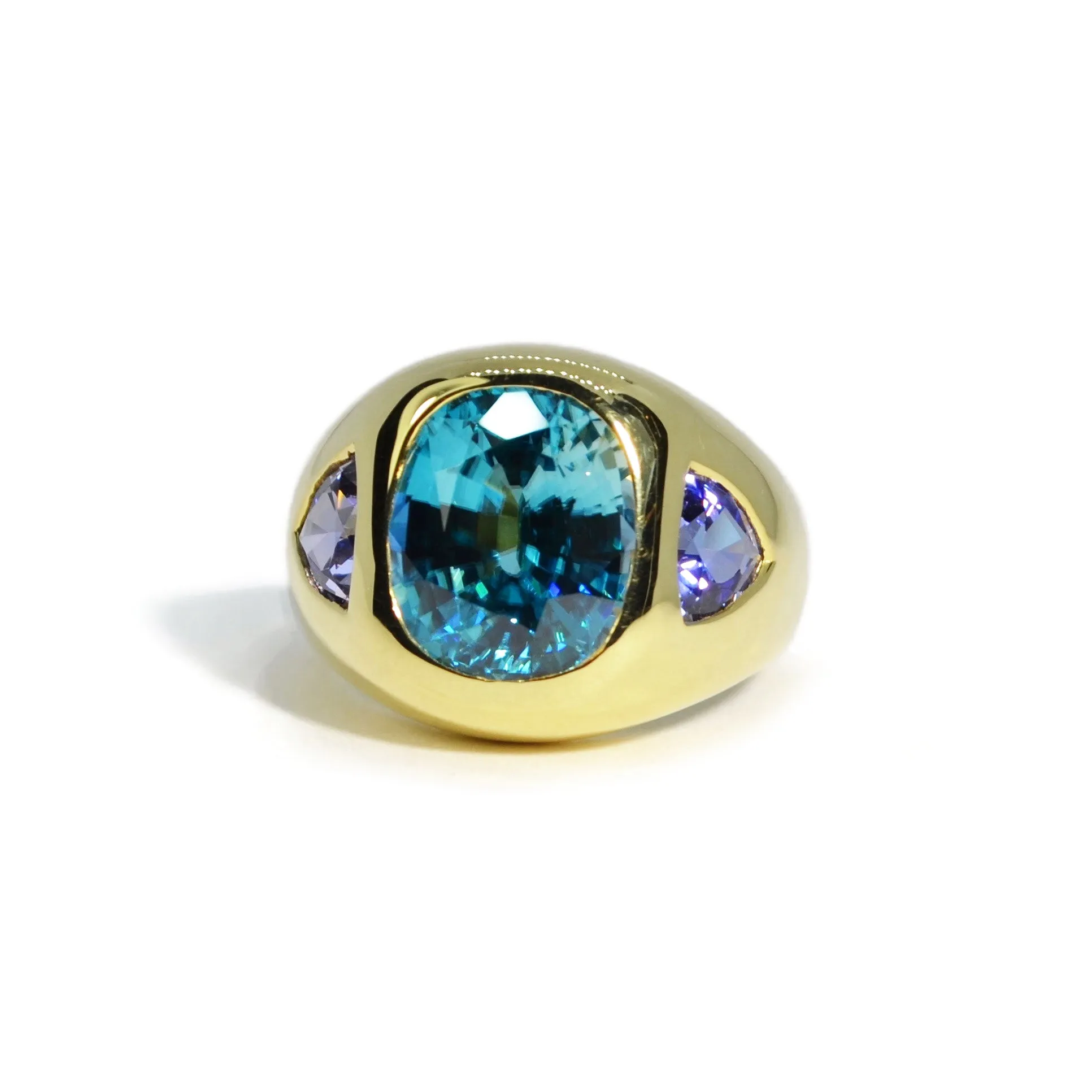 Lauren K - Gypsy Ring with Natural Blue Zircon and Tanzanite, 18k Yellow Gold