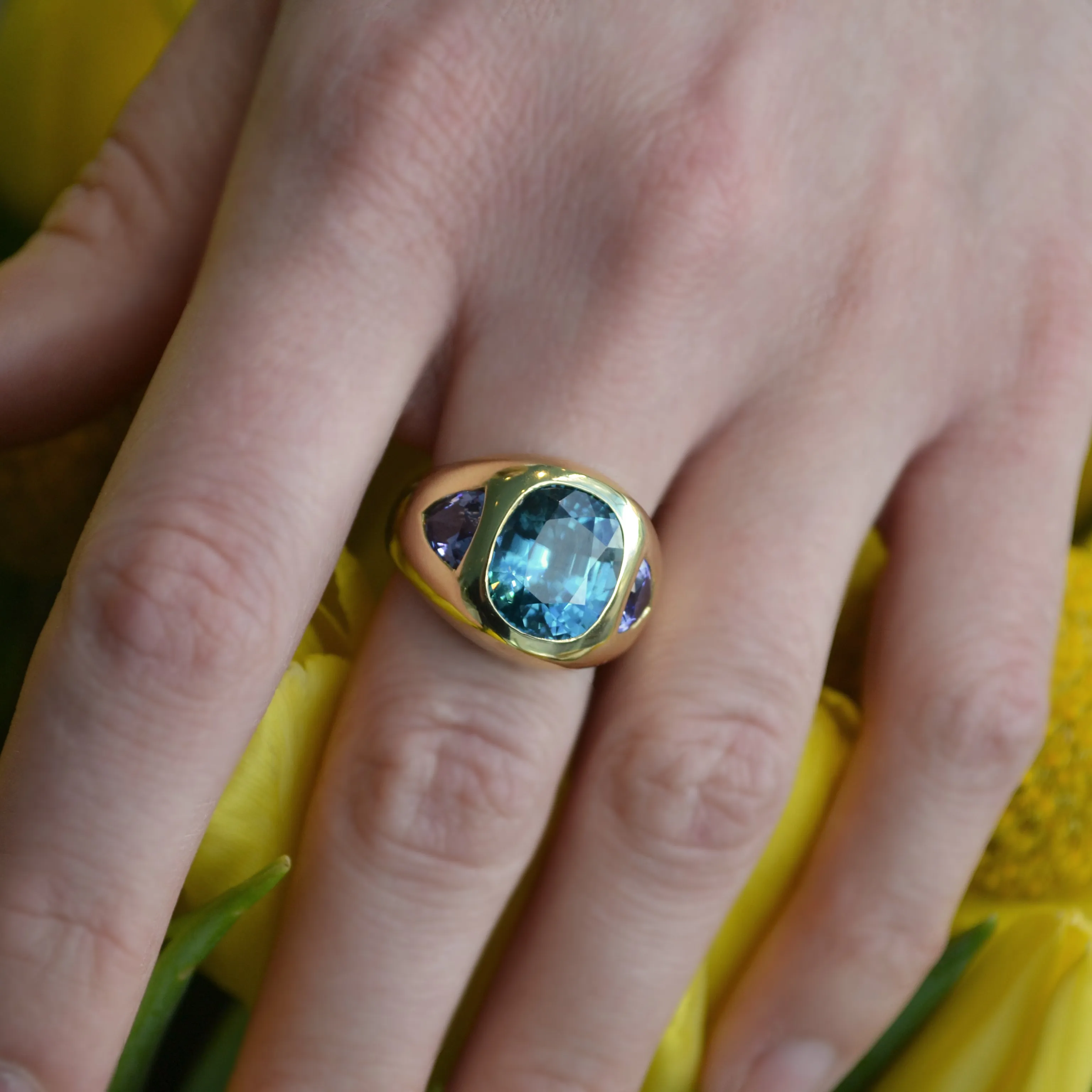 Lauren K - Gypsy Ring with Natural Blue Zircon and Tanzanite, 18k Yellow Gold