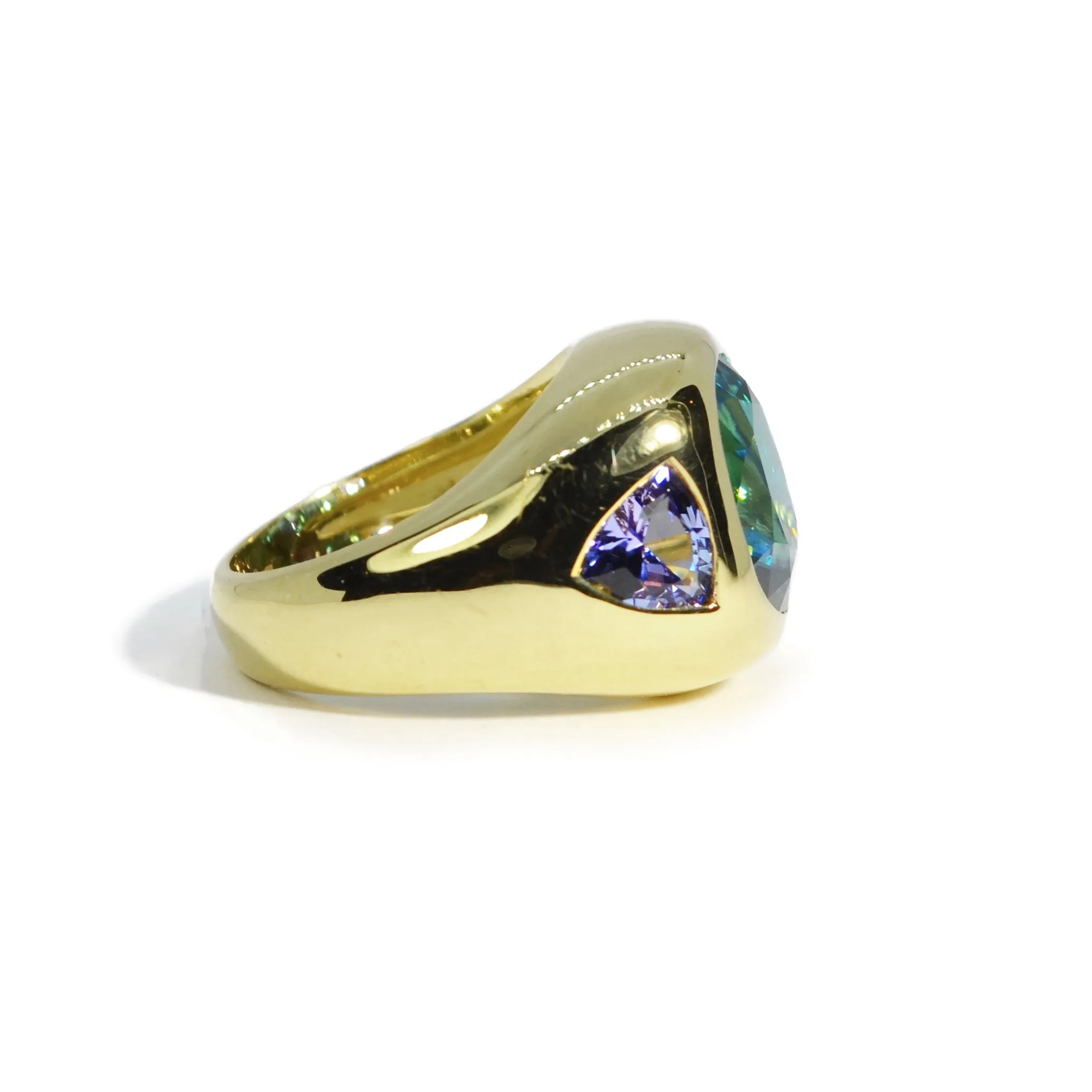 Lauren K - Gypsy Ring with Natural Blue Zircon and Tanzanite, 18k Yellow Gold