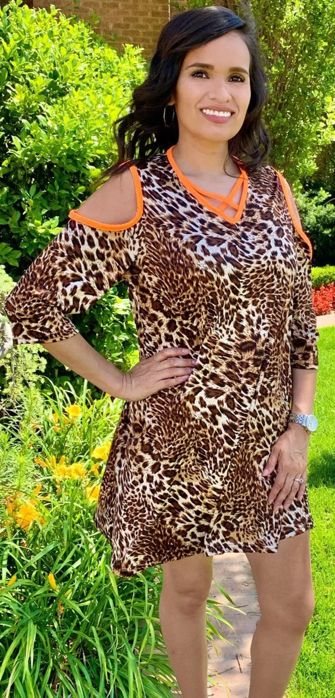 Leopard Flutter Tunic with Neon Orange Criss Cross Neck & Cold Shoulders