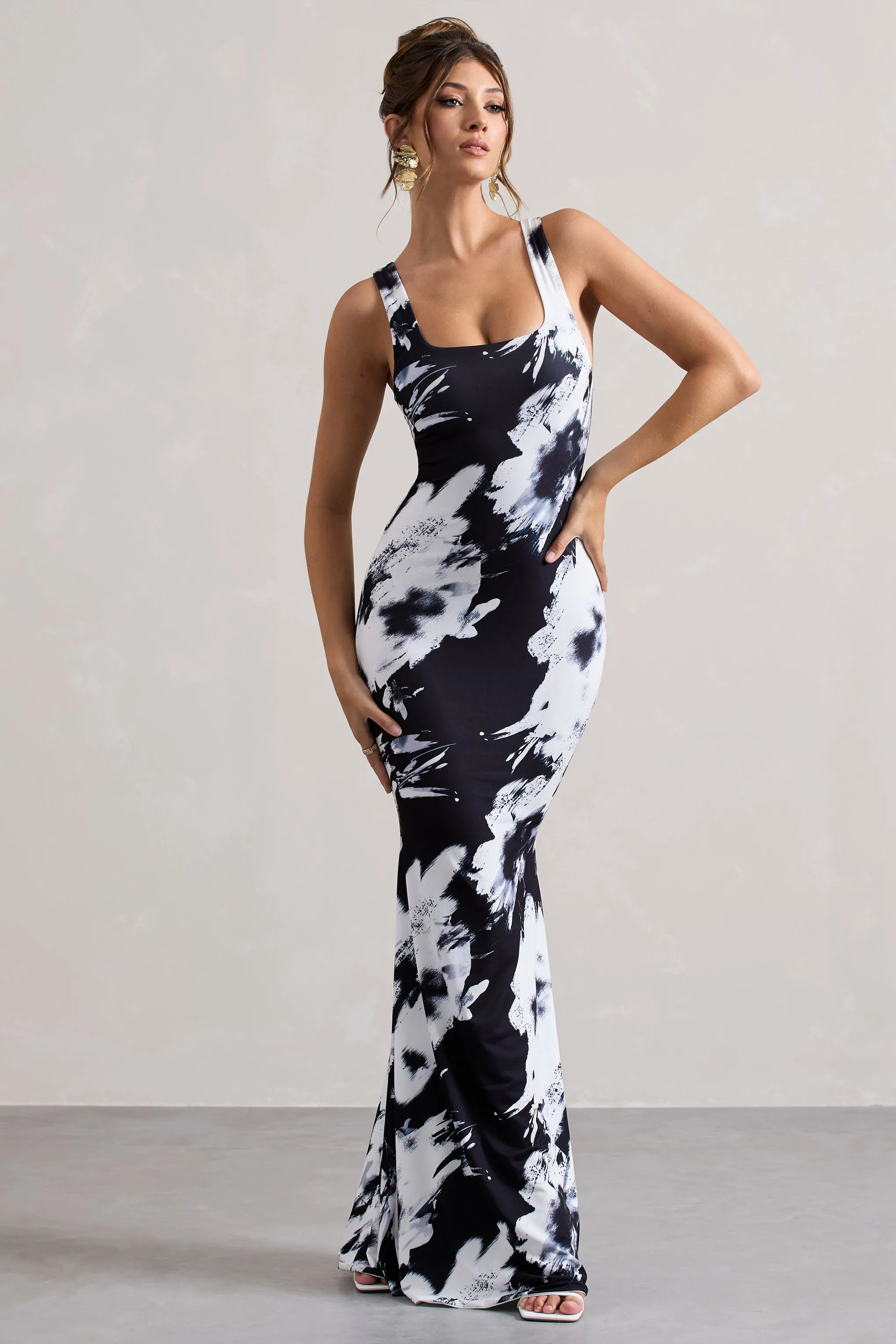 Mahina | Monochrome Floral Print Square-Neck Maxi Dress