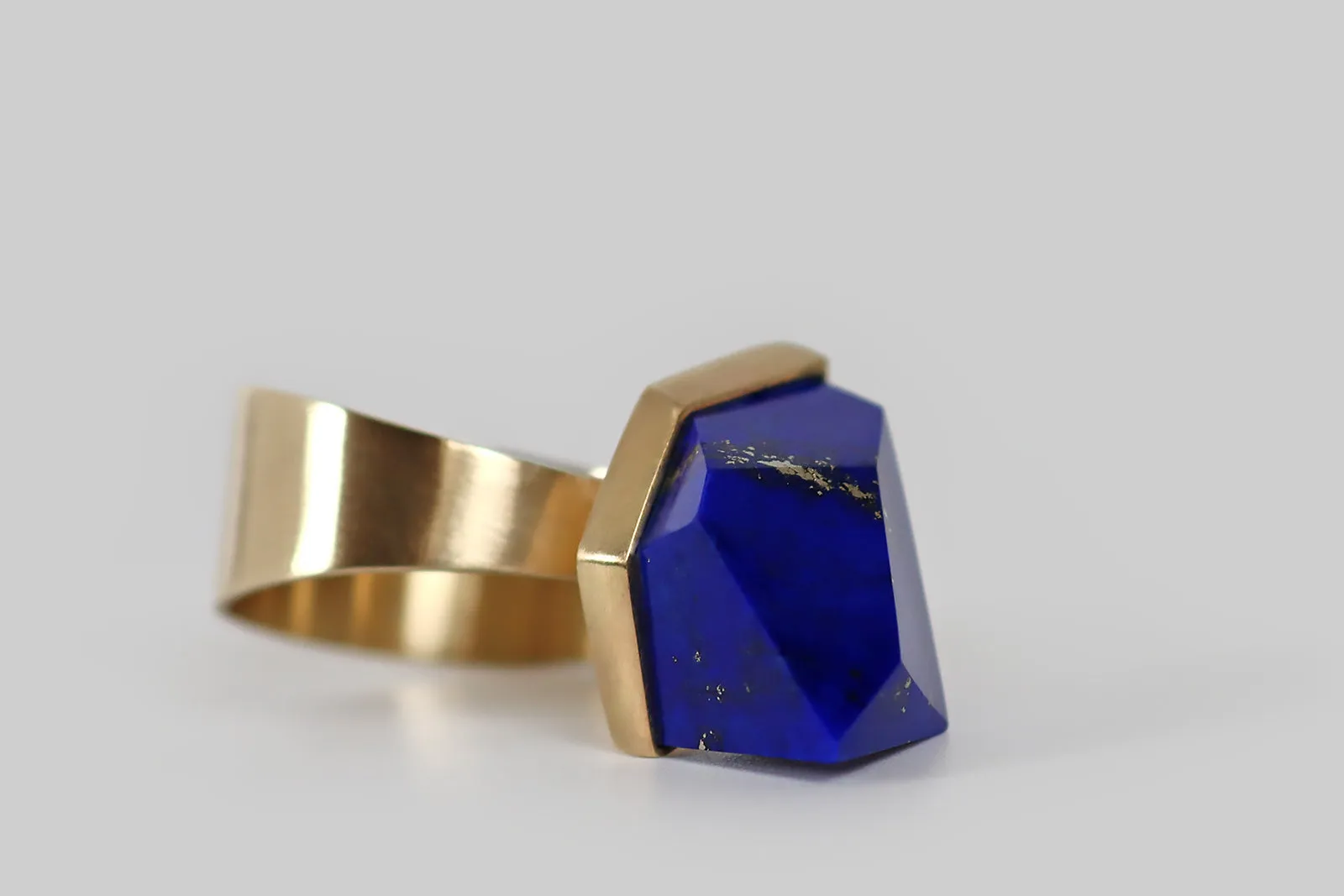 Modernist Pyrite Flecked Lapis Polyhedron Ring