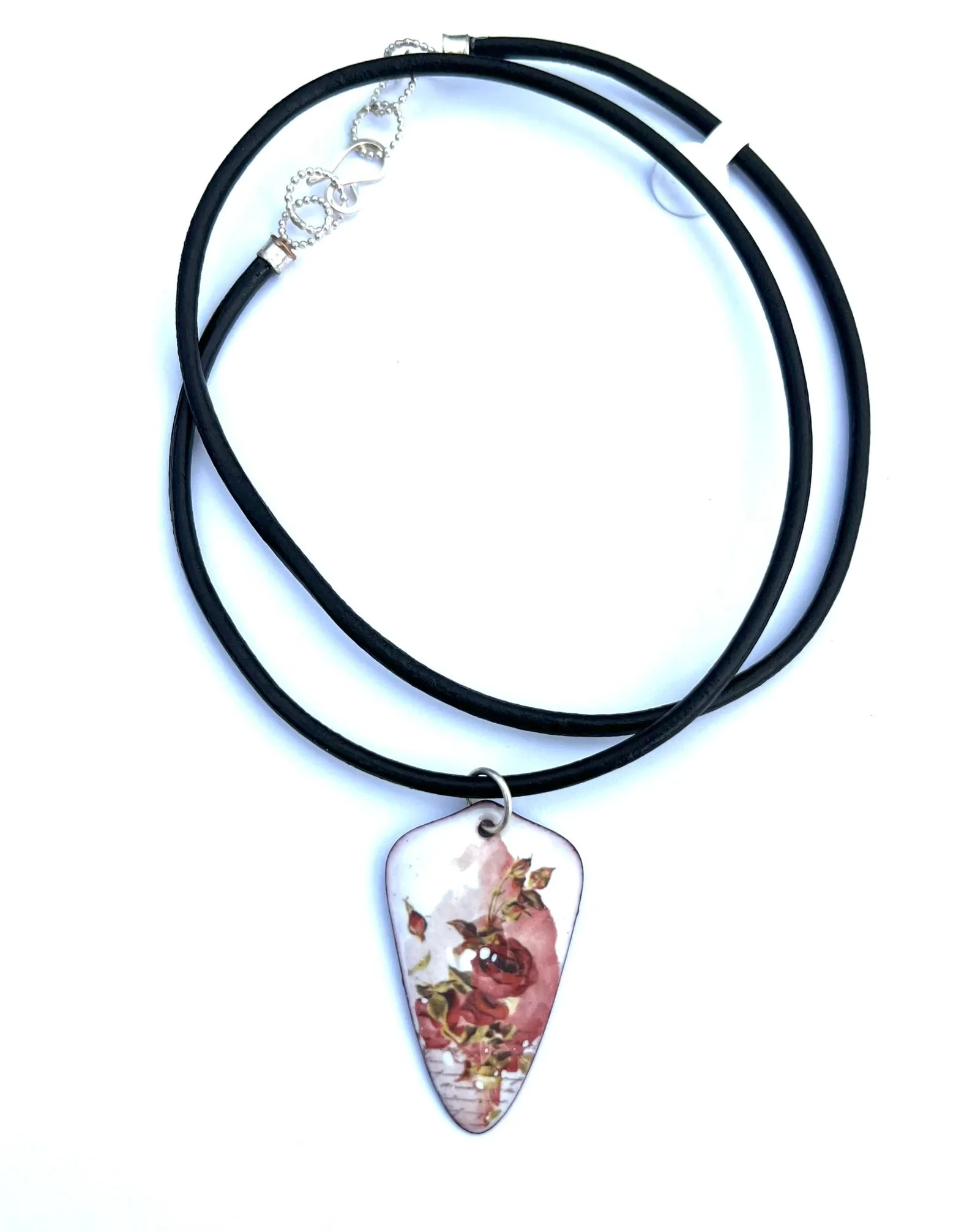 Pink Floral Enamel and Leather Necklace