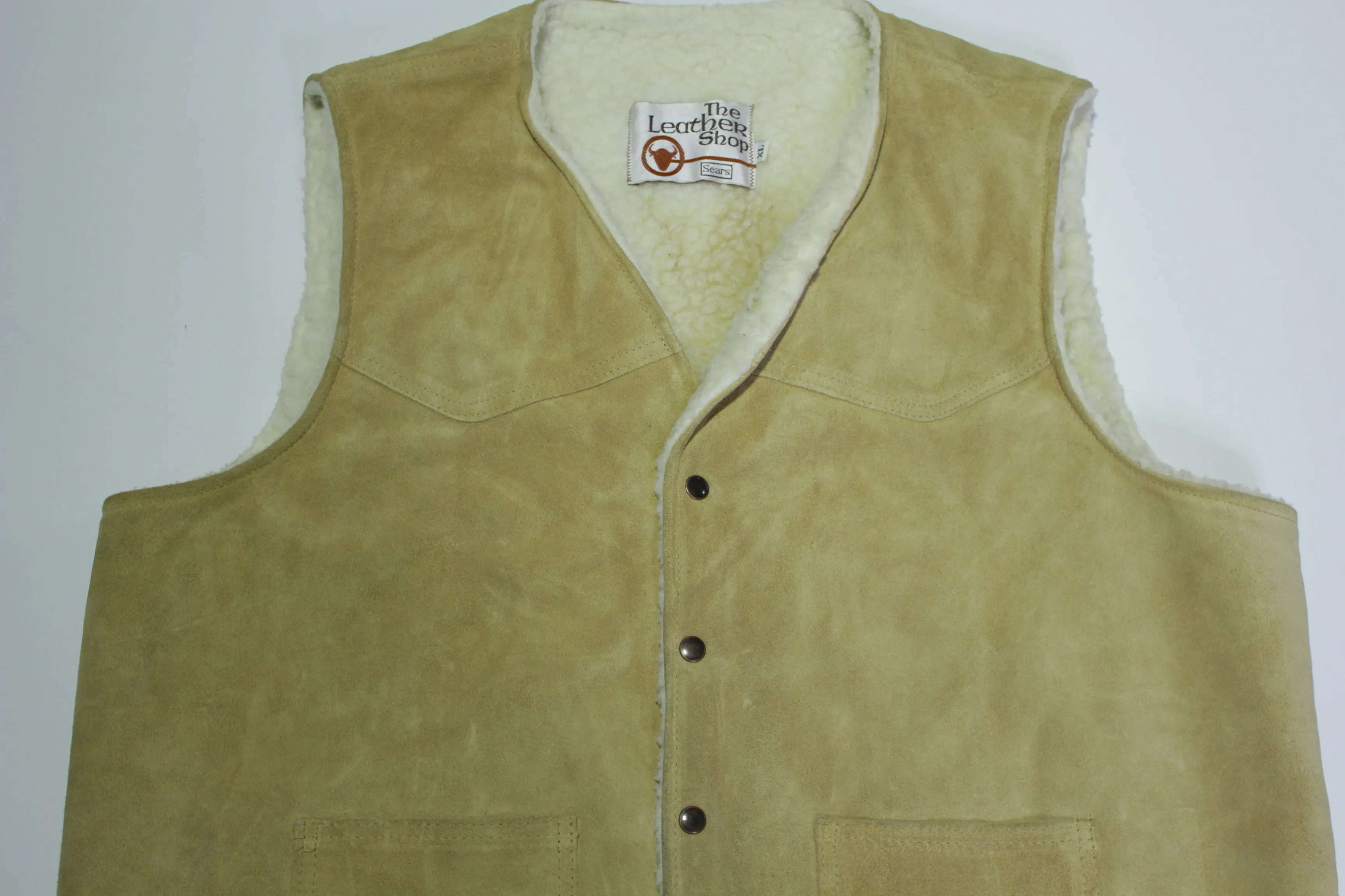 Sears The Leather Shop Vintage 70's Suede Leather Wool Sherpa Lined Vest