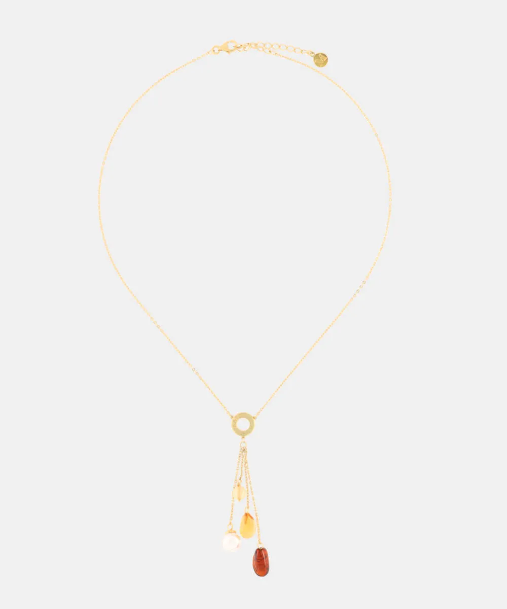 Sterling Silver Gold Plated Necklace for Women with 8mm Round White Pearl and Amber Murano Crystals, 17/19 Necklace Length, Algaida Collection