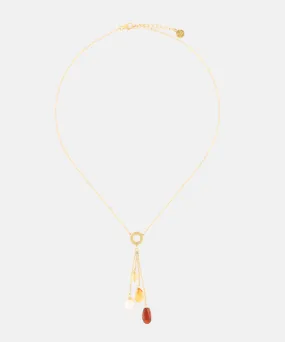 Sterling Silver Gold Plated Necklace for Women with 8mm Round White Pearl and Amber Murano Crystals, 17/19 Necklace Length, Algaida Collection