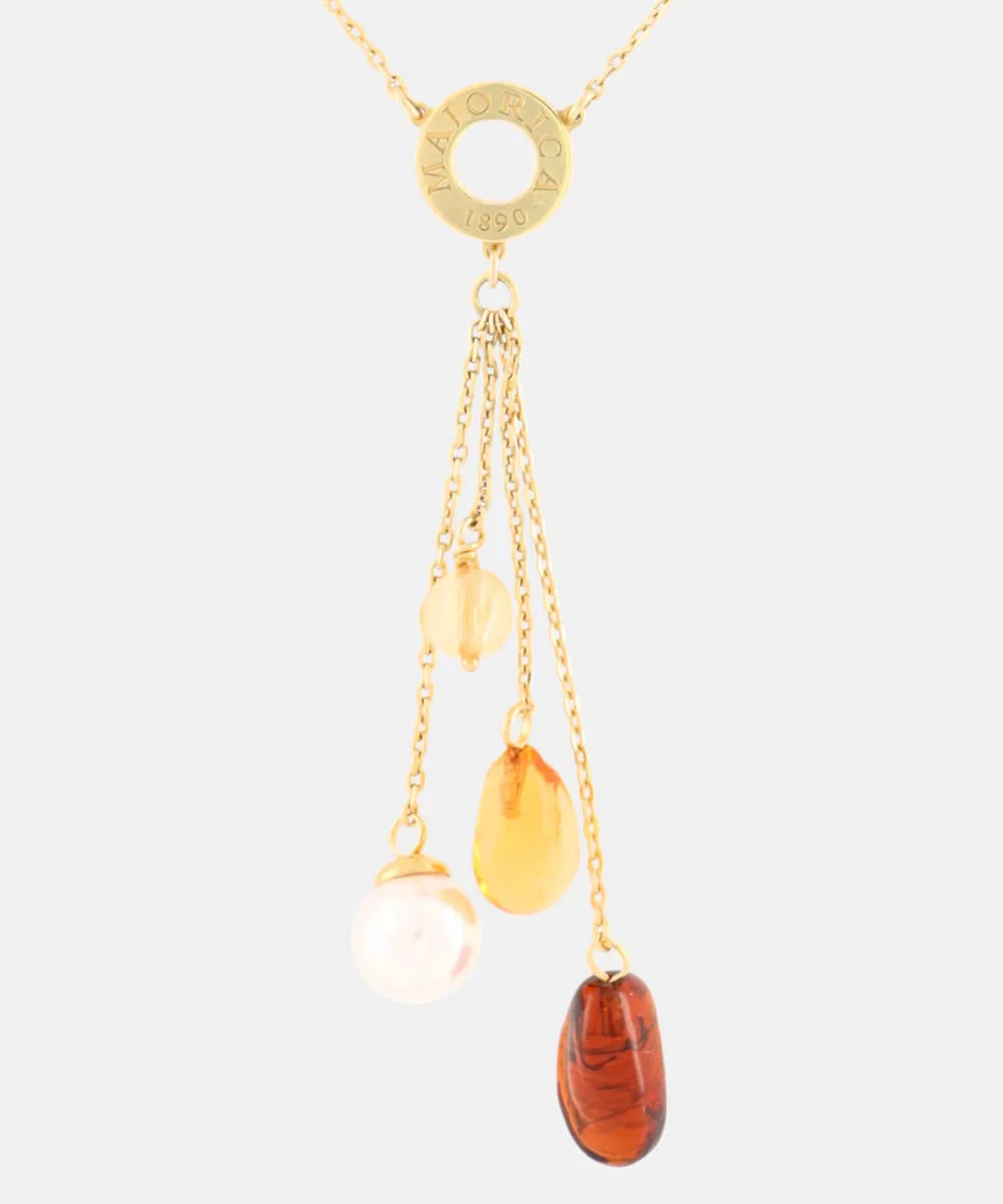 Sterling Silver Gold Plated Necklace for Women with 8mm Round White Pearl and Amber Murano Crystals, 17/19 Necklace Length, Algaida Collection