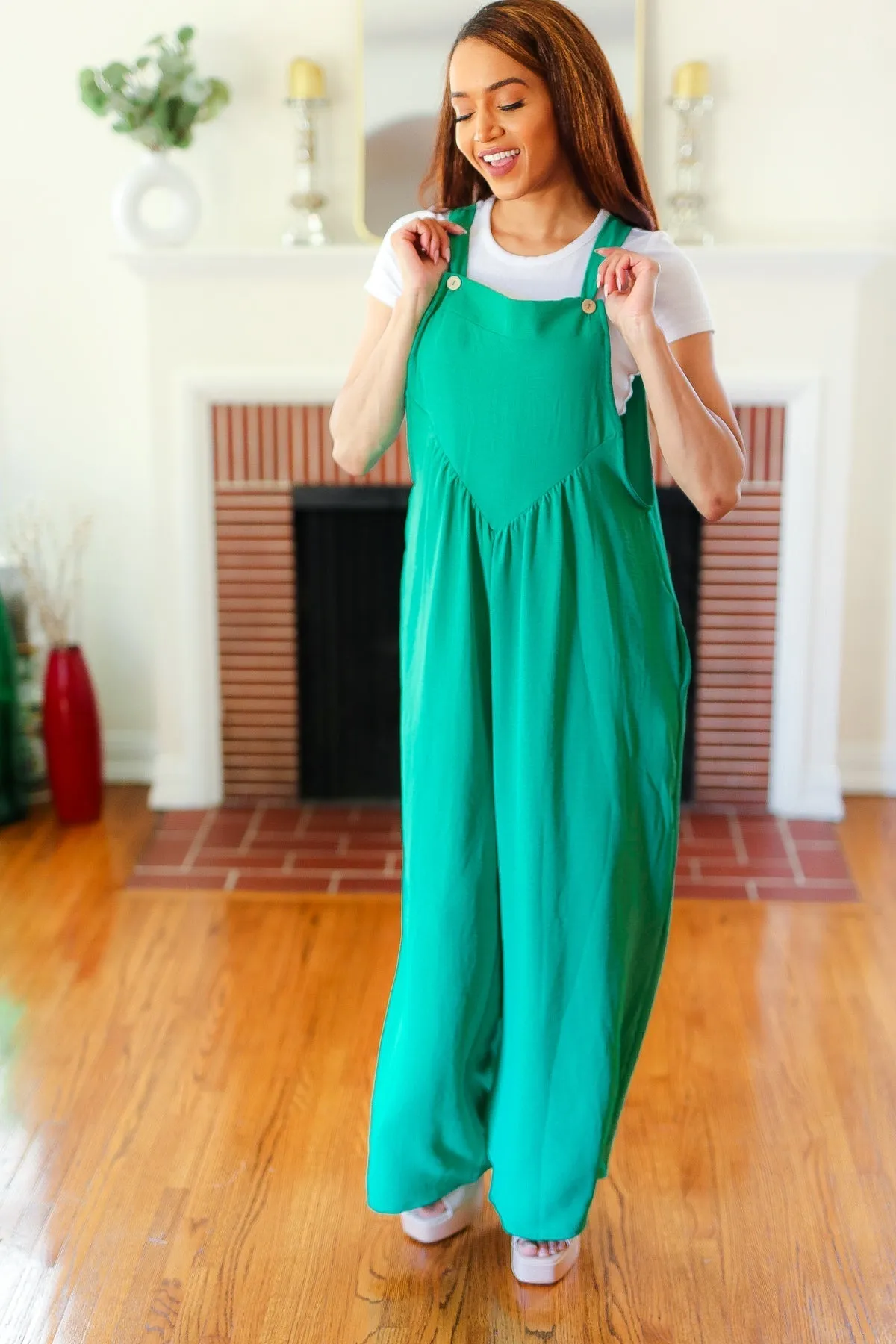 Summer Dreaming Emerald Wide Leg Suspender Overall Jumpsuit (Shipping in 1-2 Weeks)