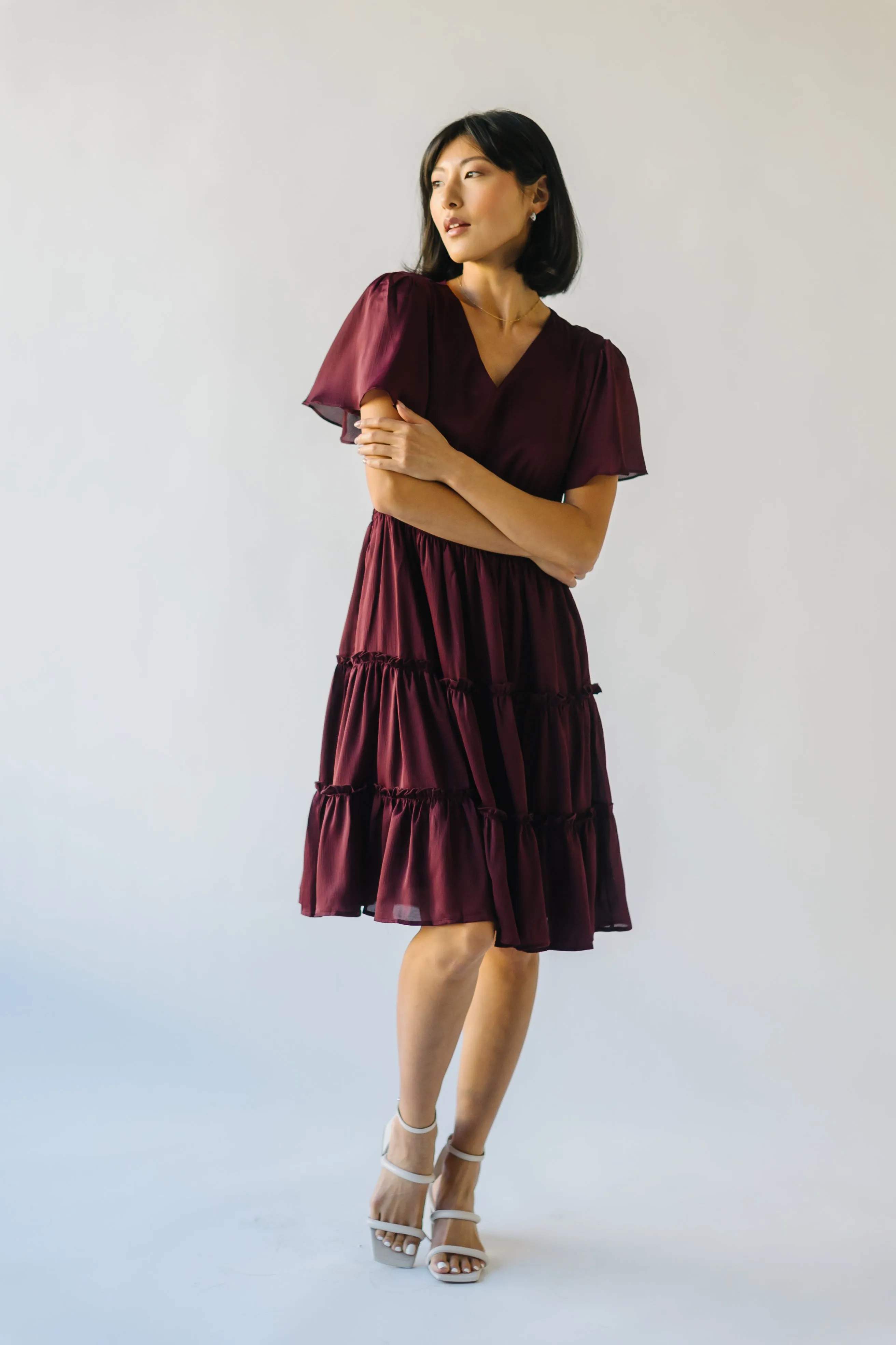 The Bicknell Tiered Midi Dress in Burgundy