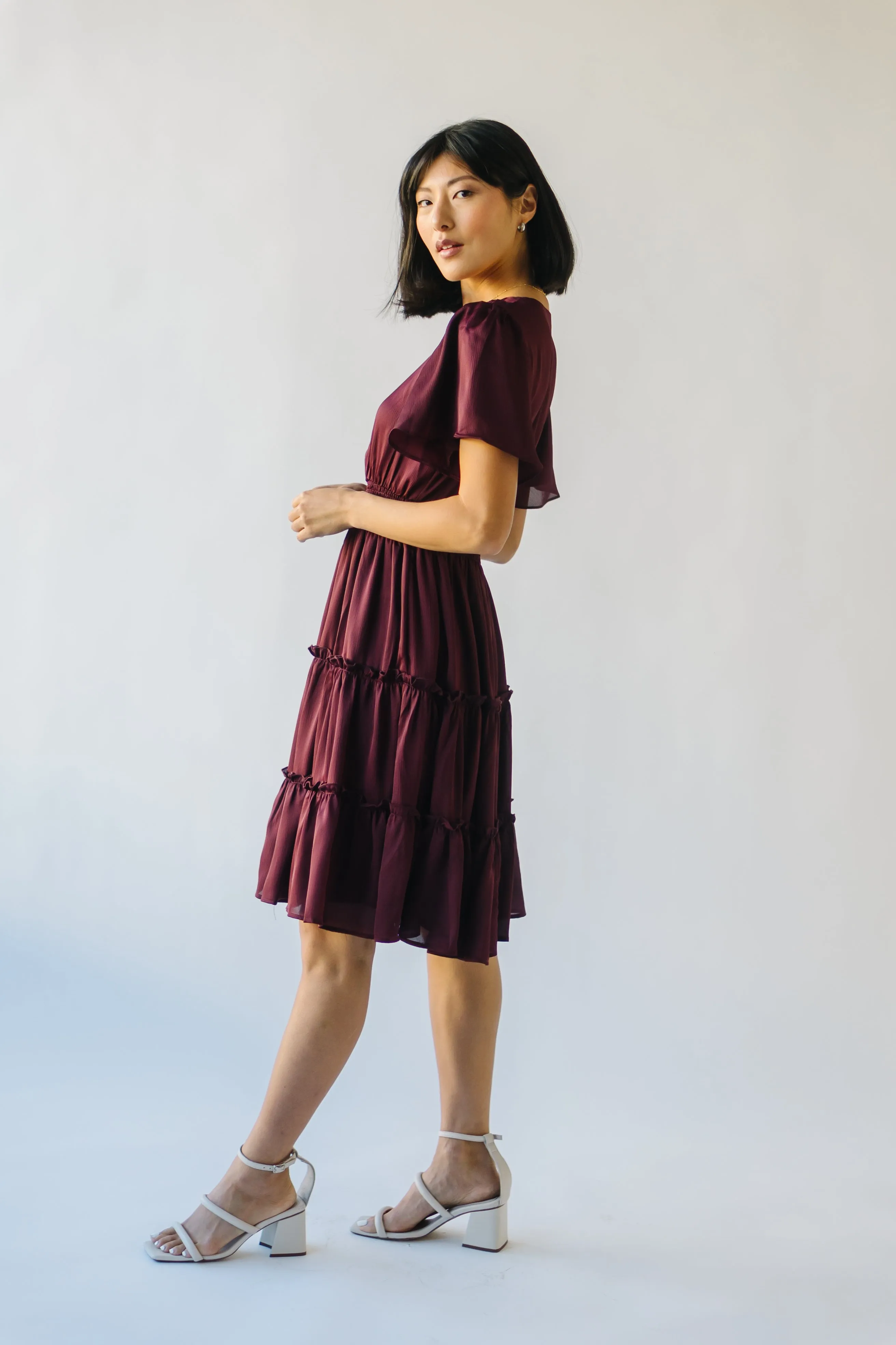 The Bicknell Tiered Midi Dress in Burgundy