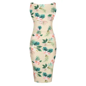 Vanilla Yellow Pink Floral Print High Neckline 40s Style Sleeveless Wiggle Dress