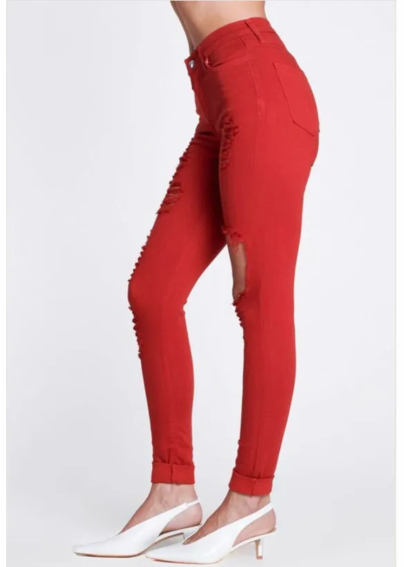 Vibrant Freebird Destroyed Skinny Jeans (Red) P803