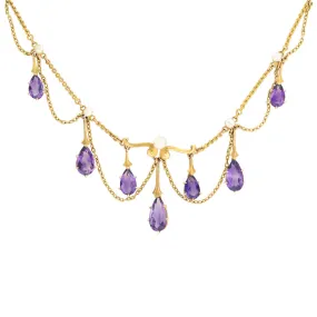 Victorian 14k Amethyst & Pearl Festoon Necklace