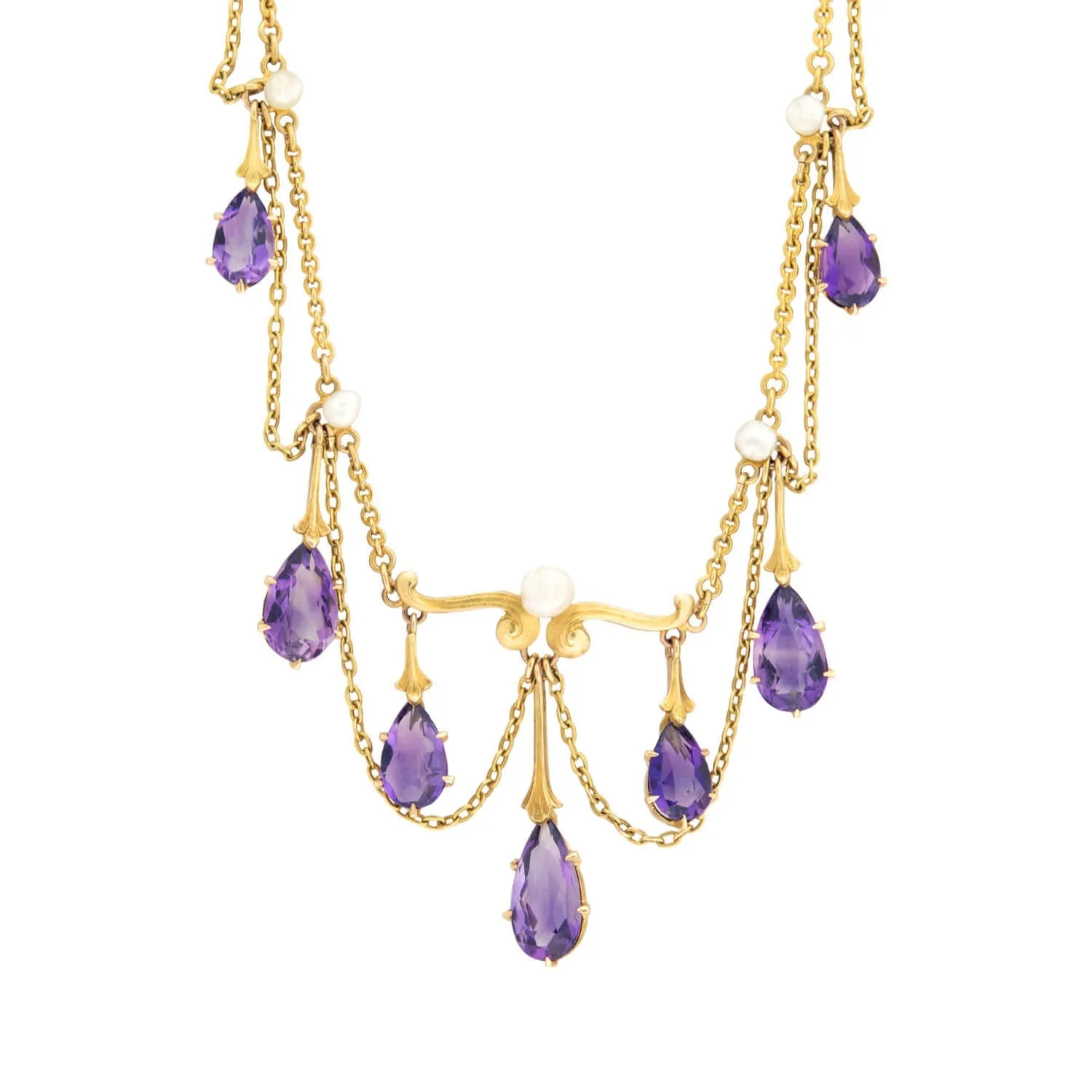 Victorian 14k Amethyst & Pearl Festoon Necklace