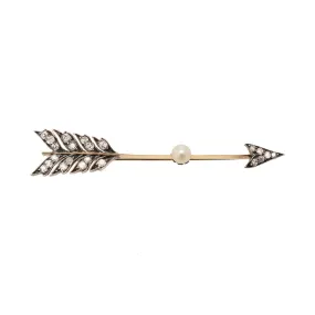 Victorian Silver-Topped 15k Pearl   Diamond Arrow Pin