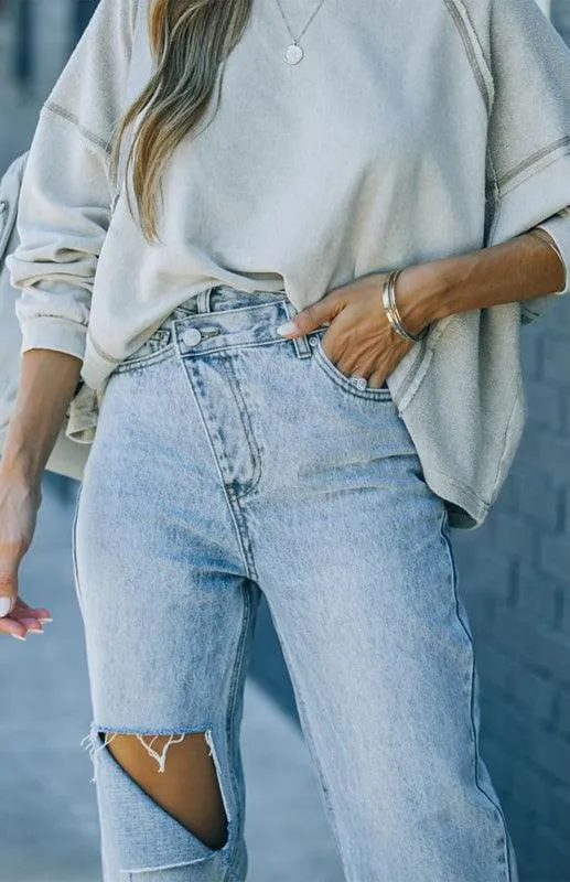 Women Ripped Jeans - Irregular Waist