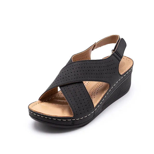 Women's Sewing Hollow Out Wedges Pu Leather Comfort Retro Sandal